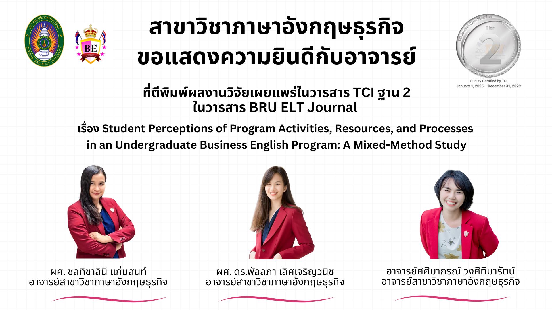 ขอแสดงความยินดีอาจารย์สาขาวิชาภาษาอังกฤษธุรกิจ มหาวิทยาลัยราชภัฏบุรีรัมย์ ตีพิมพ์ผลงานวิจัยในวารสาร TCI ฐาน 2
